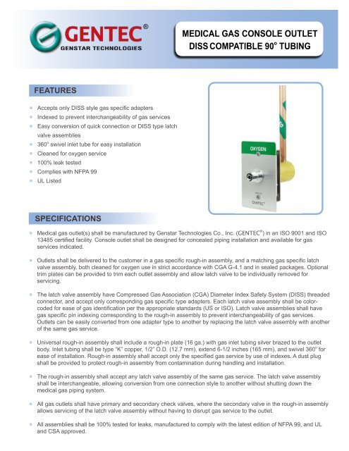 Medical Gas Console Outlet DISS Compatible 90˚ Tubing - Genstar 