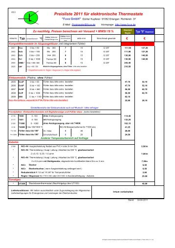 Preisliste 2011 für elektronische Temperaturfühler - Fuva Gmbh