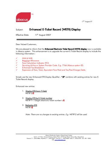 Enhanced E Enhanced E-Ticket Record (WETR) - Abacus ...