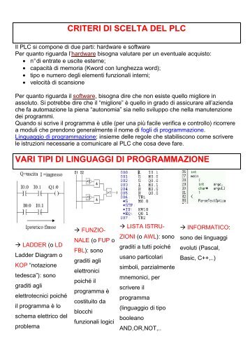 CRITERI DI SCELTA DEL PLC VARI TIPI DI LINGUAGGI ... - Vfioraso.it