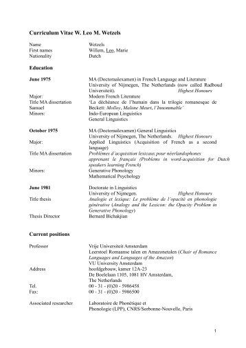 Curriculum Vitae W - Faculteit der Letteren, Vrije Universiteit ...