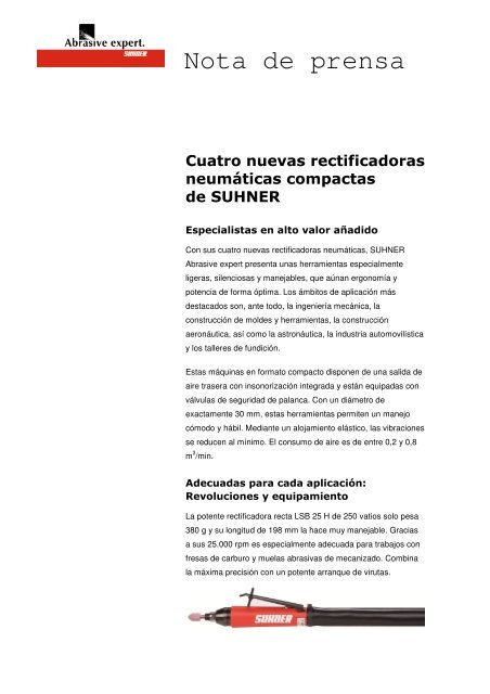 Cuatro nuevas rectificadoras neumÃ¡ticas compactas de SUHNER ...