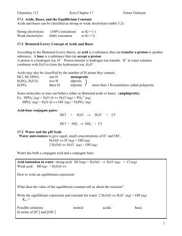 Chemistry 112 Kotz Chapter 17 Fetzer Gislason 1 17.1 Acids, Bases ...