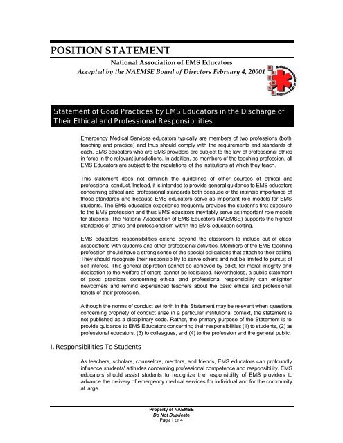 Statement of Good Practices by EMS Educators in the Dischaâ¦