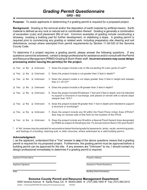 GRD-002: Grading Permit Questionnaire Form - Sonoma County