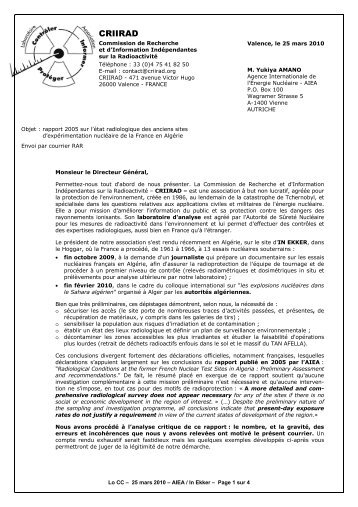 Lettre ouverte Ã  l'AIEA, 25 mars 2010 - Criirad