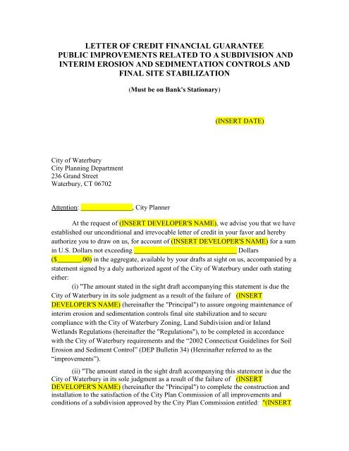 Subdivision Letter of Credit - Waterbury