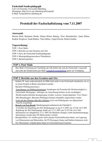 Protokoll der Fachschaft Sonderpädagogik 7.11.07