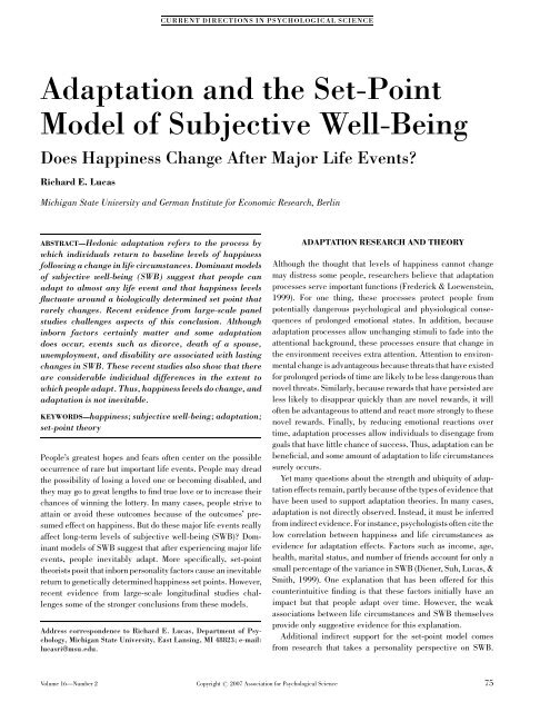 Adaptation and the Set-Point Model of Subjective Well-Being