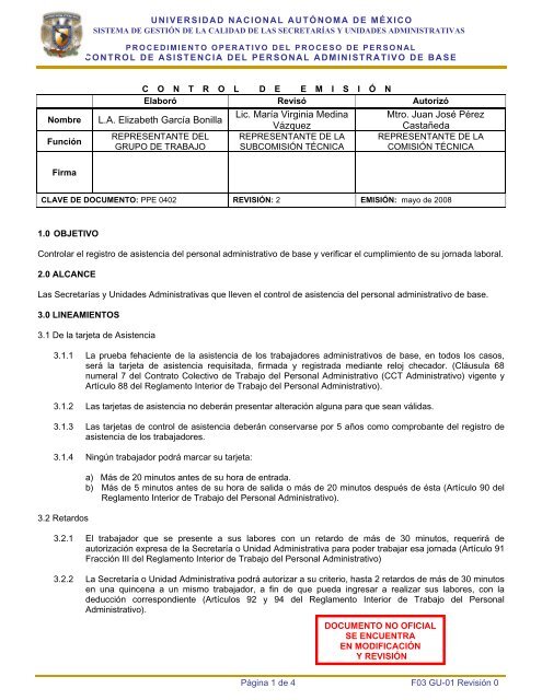 Procedimiento control de asistencia del personal administrativo de ...