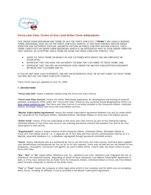 Force Com Sites Terms Of Use And Order Form Salesforce Com Force Com Sites Terms Of Use And Order Form Salesforce Com