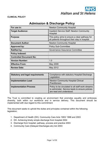 Admission & Discharge Policy - Halton and St Helens PCT