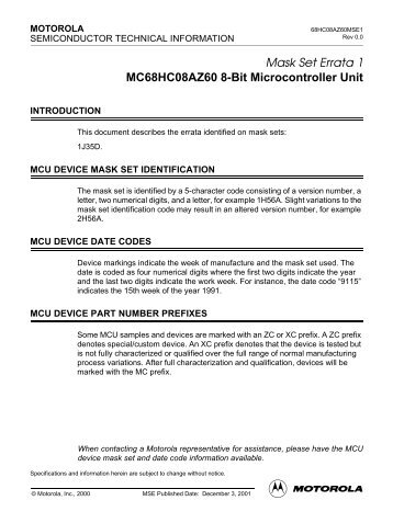 Mask Set Errata 1 MC68HC08AZ60 8-Bit Microcontroller Unit