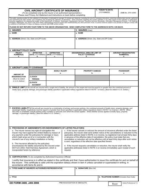 DD Form 2400, Civil Aircraft Certificate of Insurance, January 2008