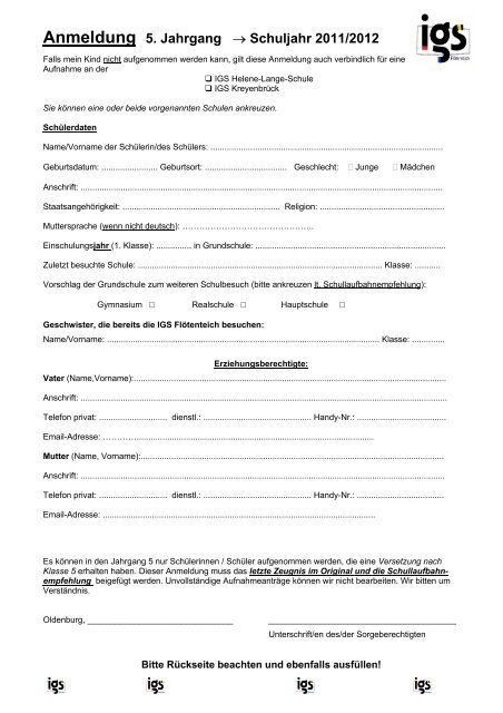 Anmeldung 5 Jahrgang Schuljahr 2011 2012 Igs Flotenteich