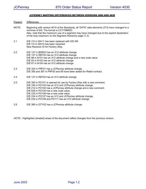 JCPenney 870 Order Status Report Version 4030