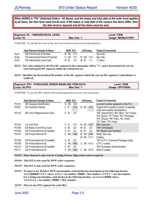 JCPenney 870 Order Status Report Version 4030
