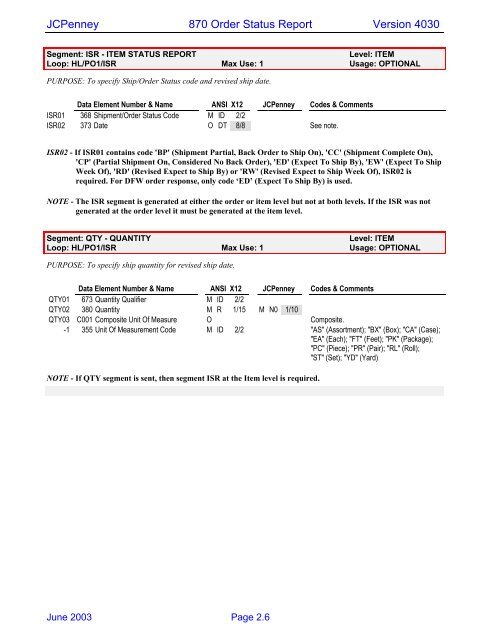 JCPenney 870 Order Status Report Version 4030