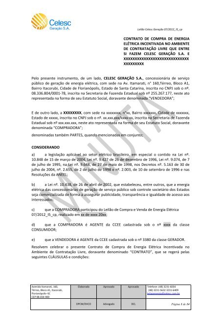 contrato de compra de energia elÃ©trica incentivada no ... - Celesc