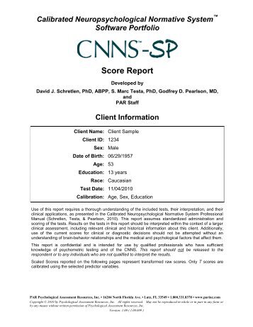 CNNS-SP Score Report - Psychological Assessment Resources, Inc.