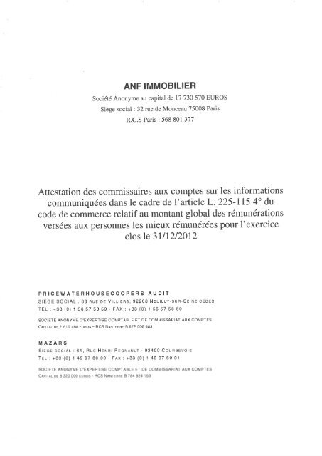 Attestation des Commissaires aux comptes sur les ... - ANF Immobilier