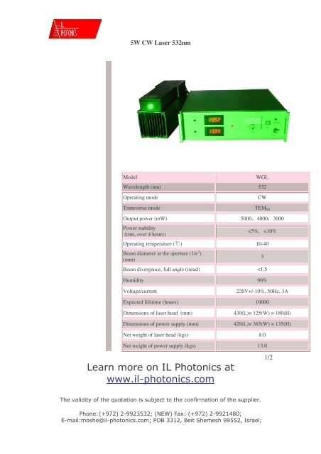 5W CW Laser 532nm 3-5mW.pdf - ILPhotonics.com