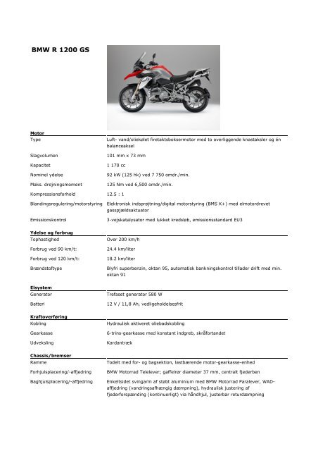 Tekniske specifikationer (.pdf) - BMW MC Klub Danmark