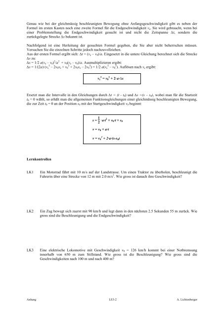 Thema 2 Gleichmässig beschleunigte ... - Wichtiger Hinweis