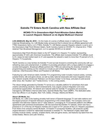 Estrella TV Enters North Carolina with New Affiliate Deal - Liberman ...