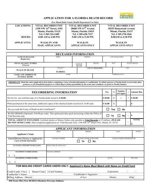 Death Certificate Application Request Form - Miami-Dade County ...