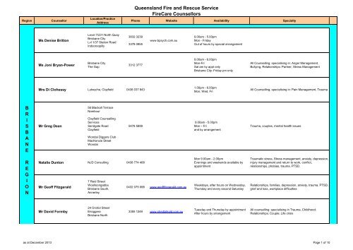 Regional Counsellor List - Queensland Fire and Rescue Service