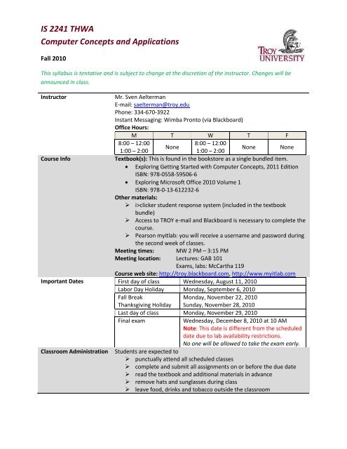 IS 2241 THWA Fall 2010 Syllabus - Sorrell College of Business ...