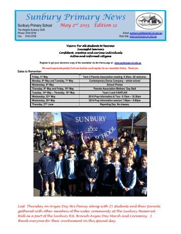 Newsletter No 12 May 2 2013 - Sunbury Primary School