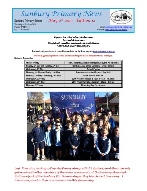 Newsletter No 12 May 2 2013 - Sunbury Primary School