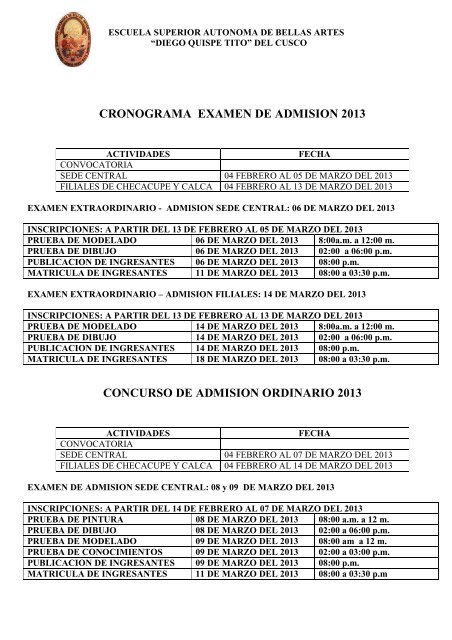 CRONOGRAMA EXAMEN DE ADMISION 2013 - Escuela Superior ...