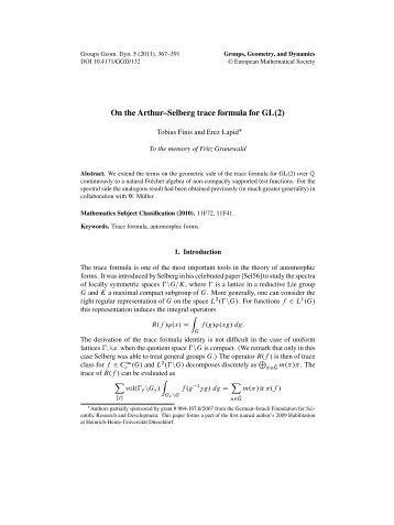 On the ArthurâSelberg trace formula for GL.2/ - The Einstein Institute ...