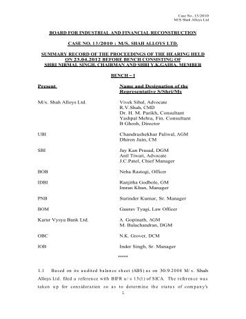 m/s. shah alloys ltd. summary record of the proceeding - Board for ...