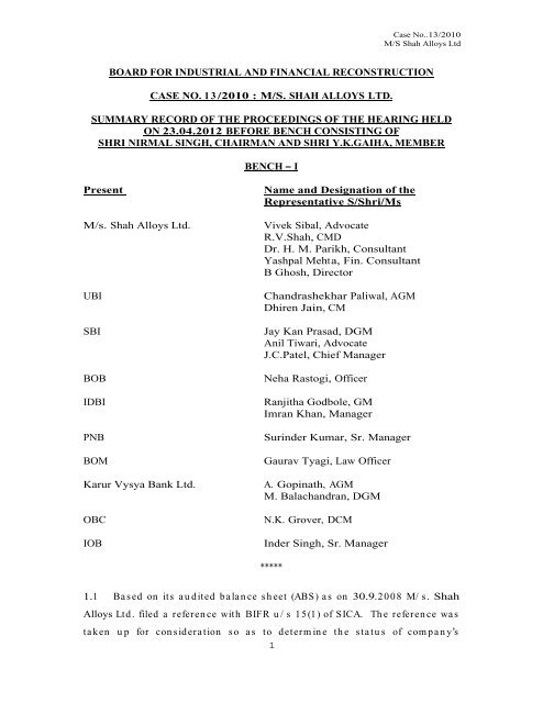 m/s. shah alloys ltd. summary record of the proceeding - Board for ...