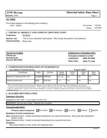 SC2002 ITW Devcon Material Safety Data Sheet