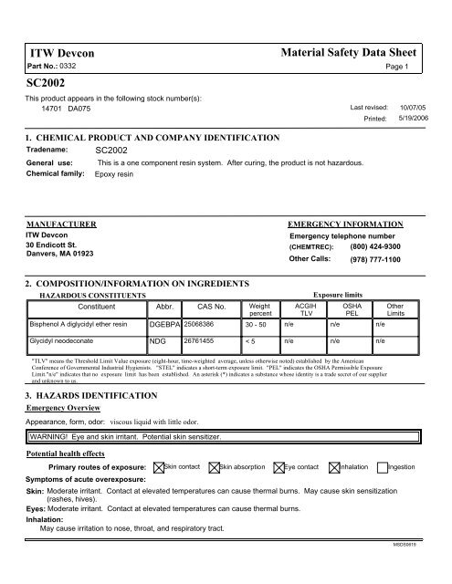 SC2002 ITW Devcon Material Safety Data Sheet