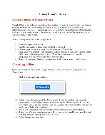 Using Google Sites Introduction to Google Sites Creating a Site