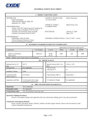 Sulfuric Acid Electrolyte MSDS - Battery Web