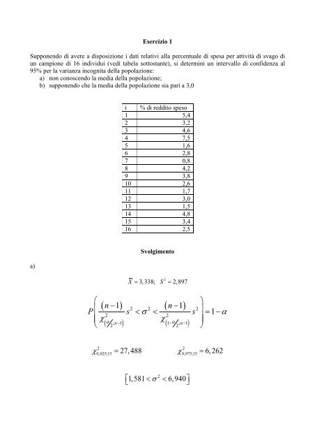 Intervallo di confidenza sulla varianza. Verifica di ipotesi (media ...