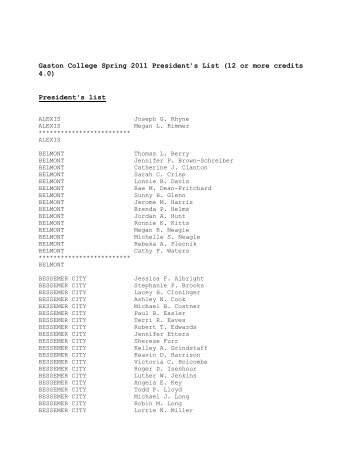 Gaston College Spring 2011 President's List (12 or more credits 4.0 ...