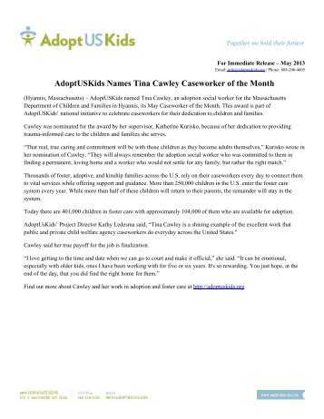 May 2013 Caseworker of the Month press release - AdoptUSKids