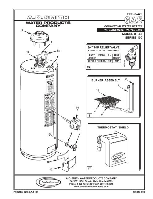 Psd 3 423 Model Bt 65 Series 100 Ao Smith Water Heaters
