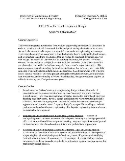 CEE 227 -- Earthquake Resistant Design General Information