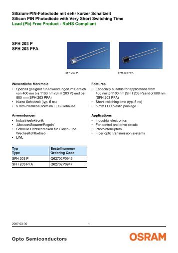 SFH 203 P SFH 203 PFA Silizium-PIN-Fotodiode mit sehr kurzer ...