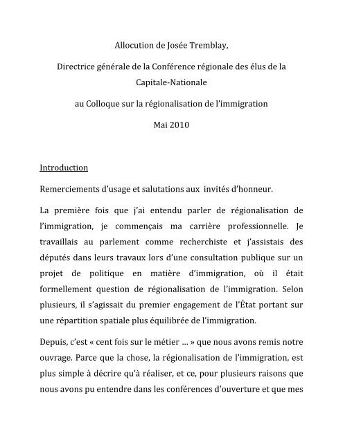 Allocution Immigration Qua C Bec