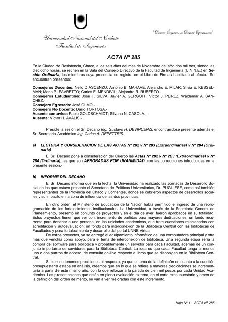 Acta 285 unne Universidad Nacional del Nordeste